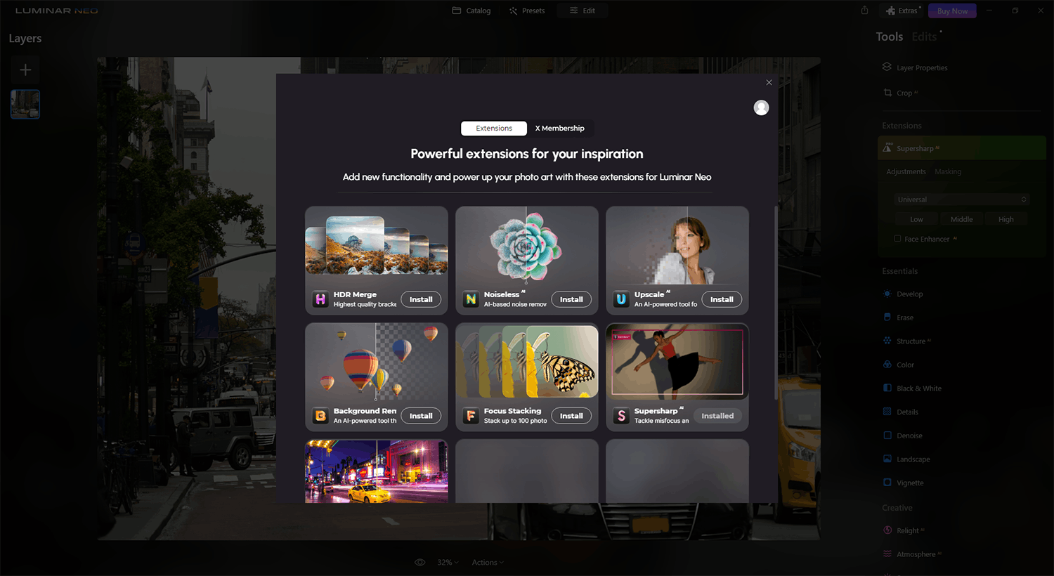 extensions Utvidelser i Skylum Luminar Neo